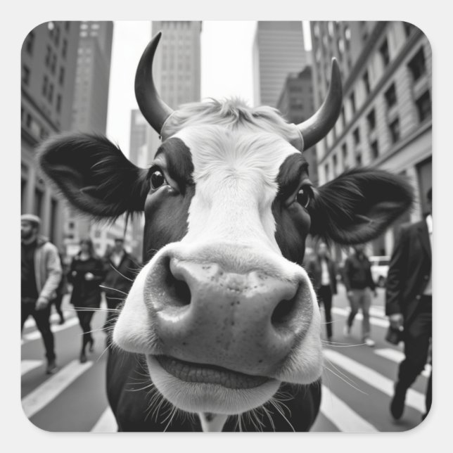Funny Cow Selfie on a Busy City Street Square Sticker (Front)