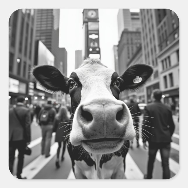 Funny Cow Selfie on a Busy City Street Square Sticker (Front)