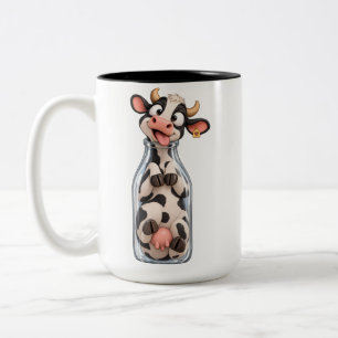 Funny Cow Stuck Inside Milk Bottle Two-Tone Coffee Mug