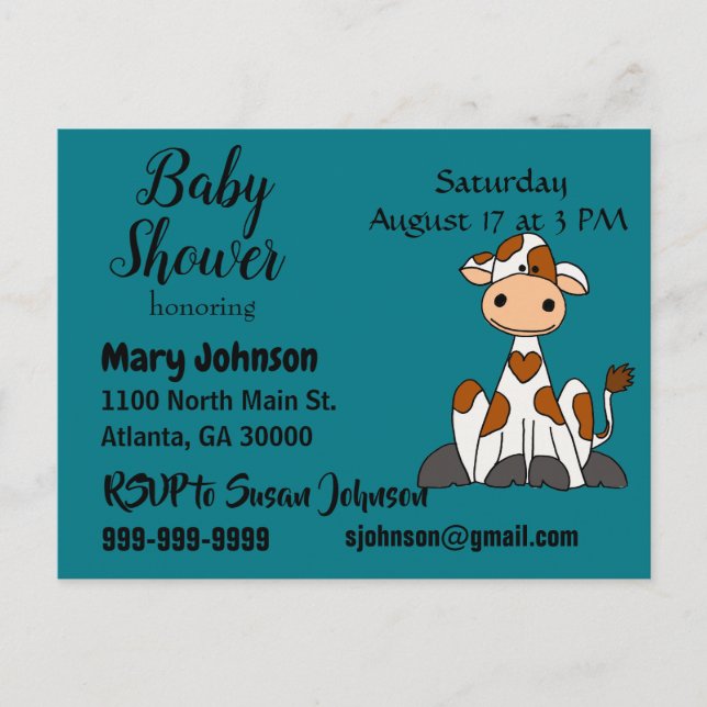 Funny Cow with Heart Spots Baby Shower Invitation Postcard (Front)