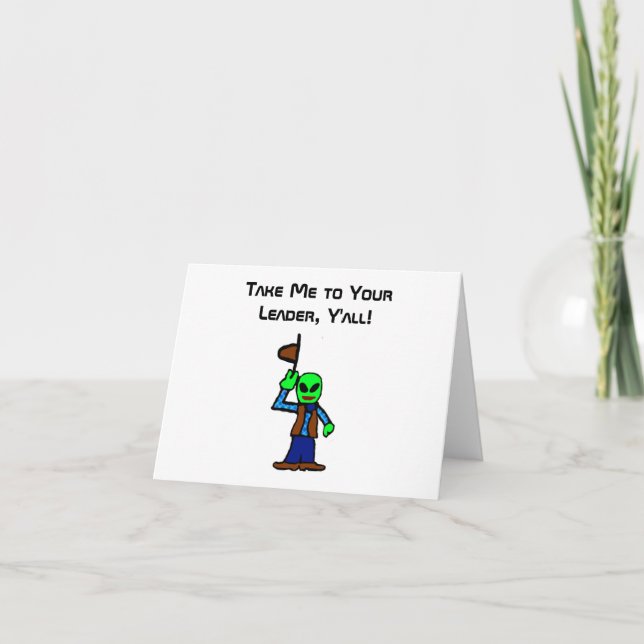 Funny Cowboy Alien Cartoon with UFO Abduction Card (Front)