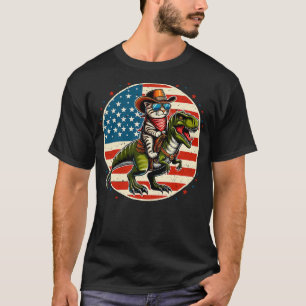 Funny Cowboy Cat Riding Dinosaur USA Flag T-Rex Ch T-Shirt