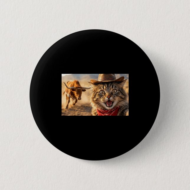 Funny Cowboy Cat Selfie With Charging Bull Western 6 Cm Round Badge (Front)
