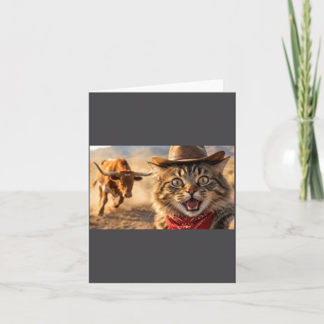 Funny Cowboy Cat Selfie With Charging Bull Western Card (Front)
