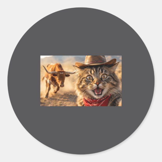 Funny Cowboy Cat Selfie With Charging Bull Western Classic Round Sticker (Front)