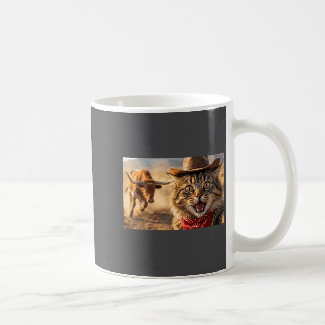 Funny Cowboy Cat Selfie With Charging Bull Western Coffee Mug (Right)
