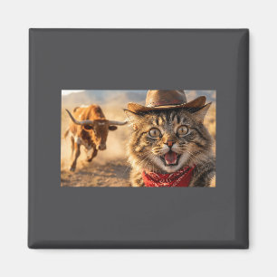 Funny Cowboy Cat Selfie With Charging Bull Western Magnet