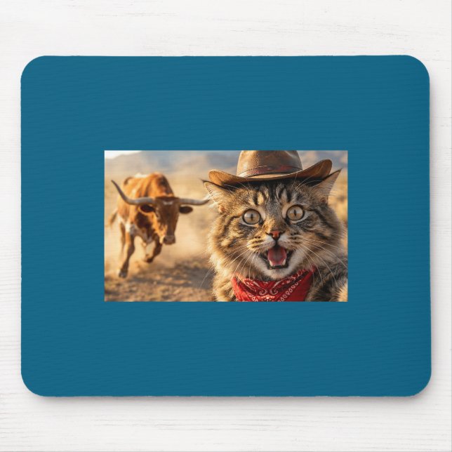 Funny Cowboy Cat Selfie With Charging Bull Western Mouse Mat (Front)
