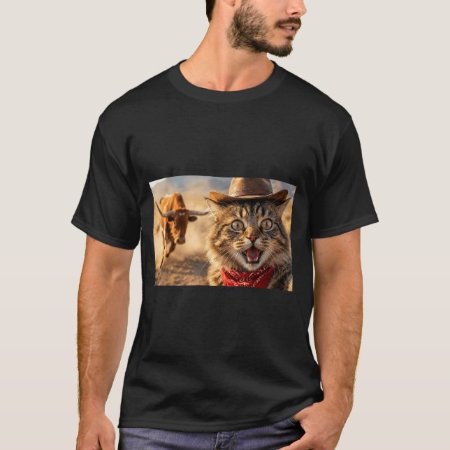 Funny Cowboy Cat Selfie With Charging Bull Western T-Shirt (Front)