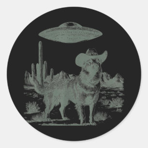 Funny cowboy dog alien ufo desert encounter classic round sticker