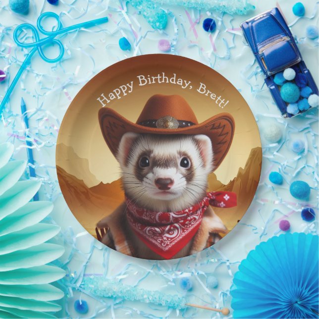 Funny Cowboy Ferret Western Style Birthday Paper Plate (Party)
