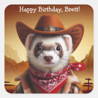 Funny Cowboy Ferret Western Style Birthday Square Sticker