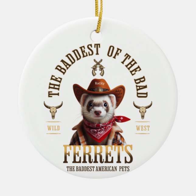 Funny Cowboy Ferret Western Style Ceramic Tree Decoration (Front)