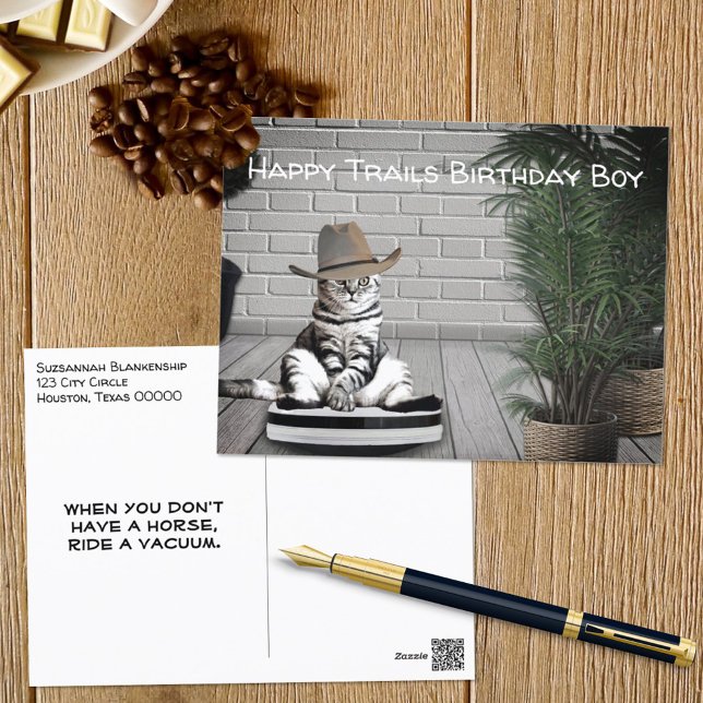 Funny Cowboy Hat Cat on a Vacuum Birthday Card (Creator Uploaded)