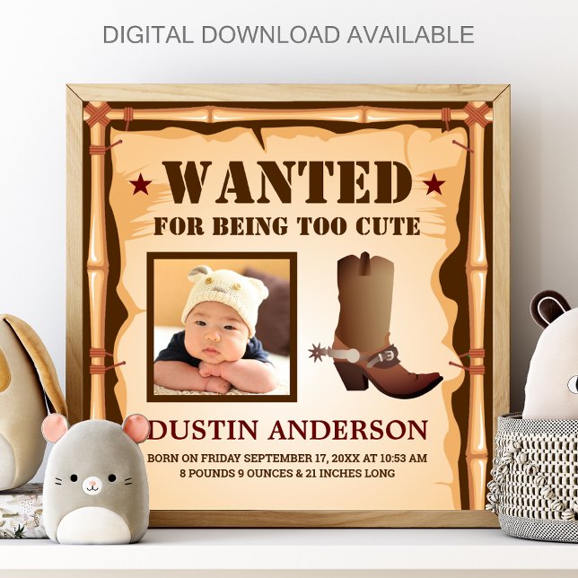 Funny Cowboy Photo Wanted Baby Birth Stats Poster (Creator Uploaded)