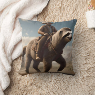 Funny Cowboy Riding A Sloth Horse, Cushion