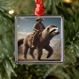 Funny Cowboy Riding A Sloth Horse, Metal Tree Decoration