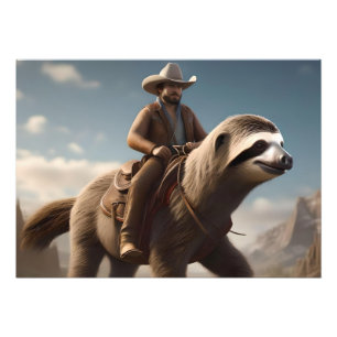 Funny Cowboy Riding A Sloth Horse, Photo Print