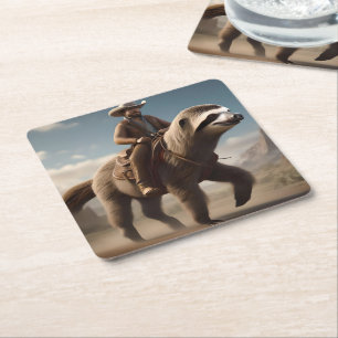 Funny Cowboy Riding A Sloth Horse, Square Paper Coaster