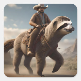 Funny Cowboy Riding A Sloth Horse, Square Sticker