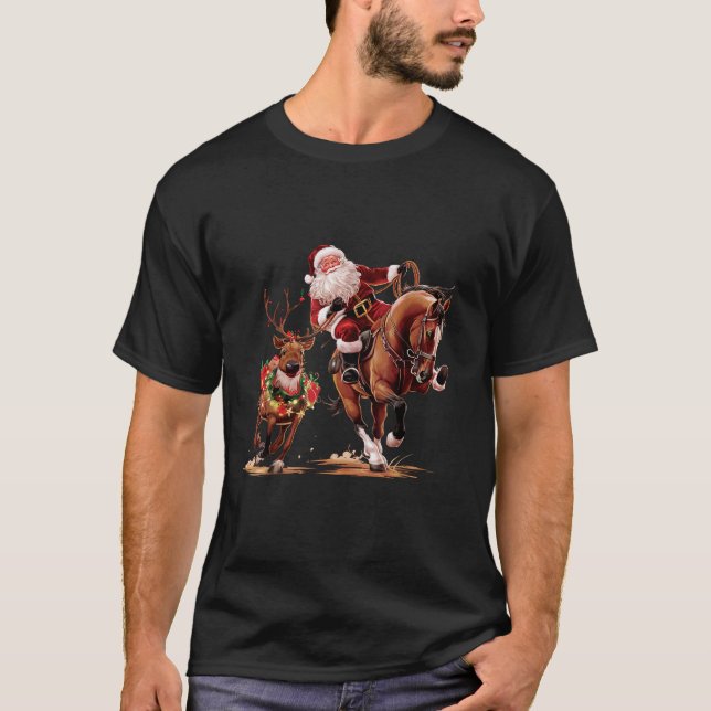 Funny Cowboy Santa Bulldogging Christmas Cowboy We T-Shirt (Front)