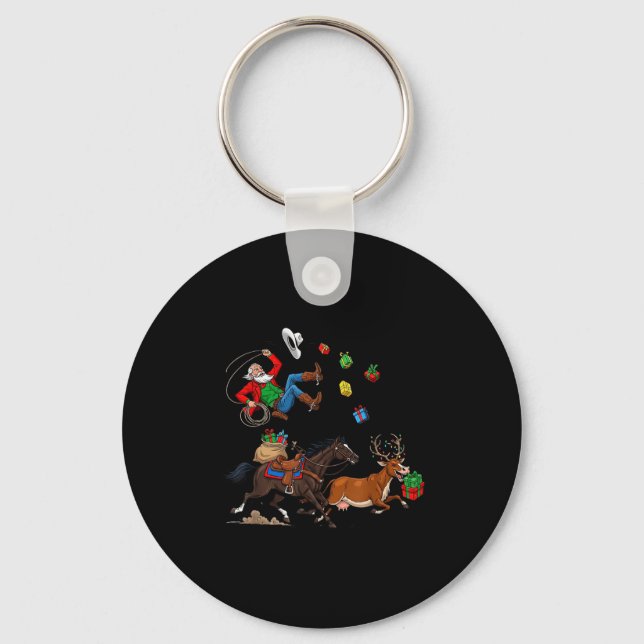 Funny Cowboy Santa Christmas Holiday Western Style Key Ring (Front)