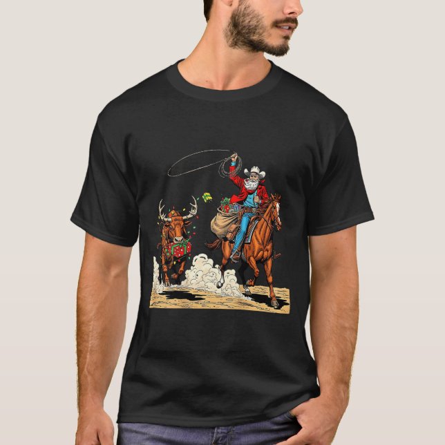 Funny Cowboy Santa Christmas Holiday Western Style T-Shirt (Front)