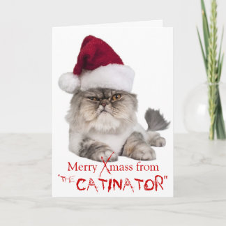 Funny Cranky Cat "The Catinator" Christmas card