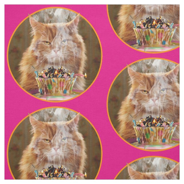 Funny Cranky Cat With Melted Birthday Cupcake Fabric (Swatch)