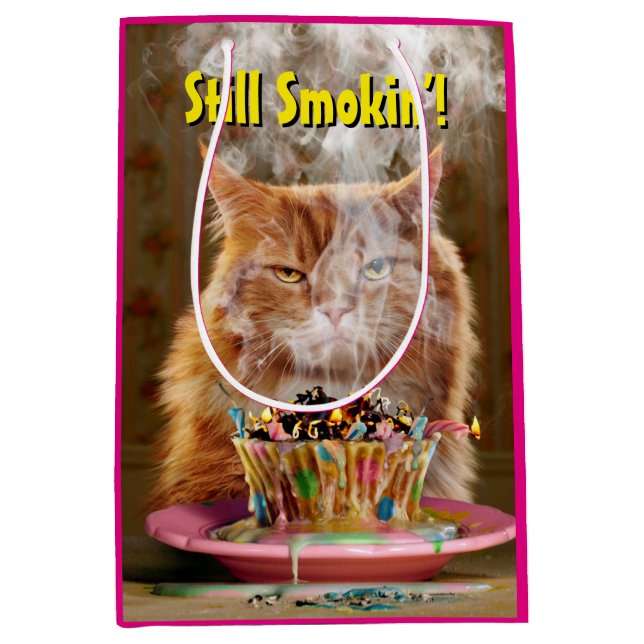 Funny Cranky Cat With Melted Birthday Cupcake Medium Gift Bag (Front)