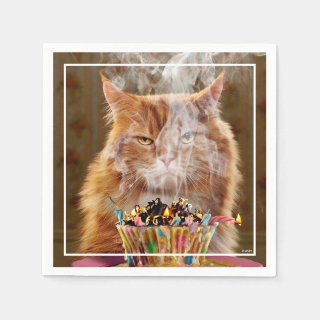 Funny Cranky Cat With Melted Birthday Cupcake Napkin (Front)