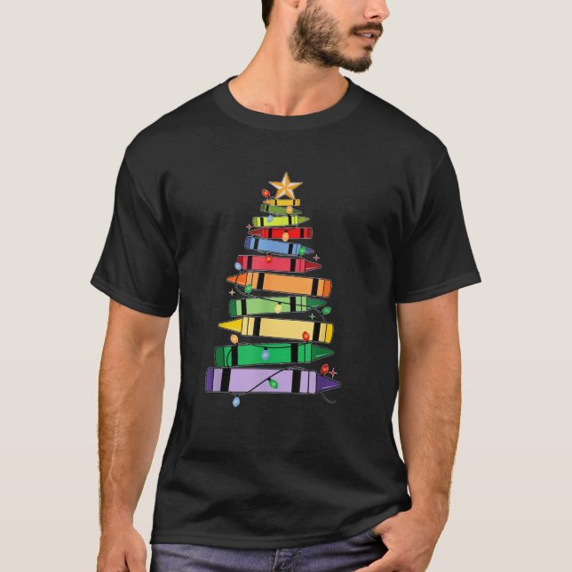 Funny Crayons Christmas Tree Xmas Lights Teacher  T-Shirt (Front)