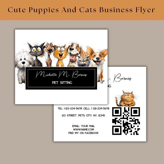 Funny Crazy Cats Dogs Pet Sitter QR Code Business Flyer (Creator Uploaded)