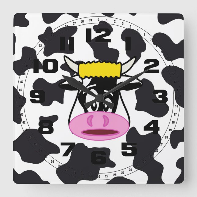 Funny Crazy Cow Bull on Dairy Cow Print Pattern Square Wall Clock (Front)