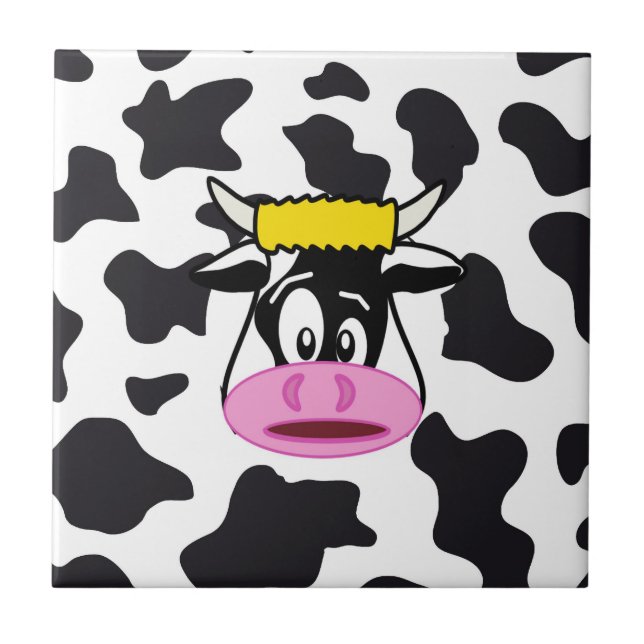 Funny Crazy Cow Bull on Dairy Cow Print Pattern Tile (Front)