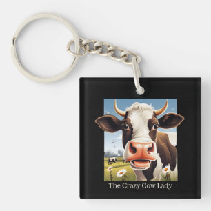 Funny Crazy cow lady customisable Key Ring
