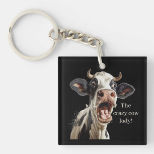 Funny crazy cow lady customizable key ring