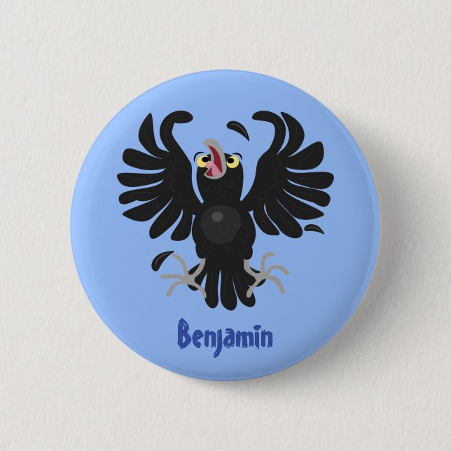 Funny crazy crow raven cartoon illustration 6 cm round badge (Front)