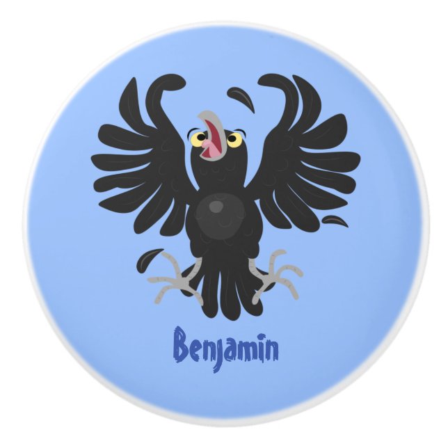 Funny crazy crow raven cartoon illustration ceramic knob (Front)