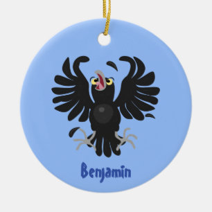 Funny crazy crow raven cartoon illustration ceramic tree decoration