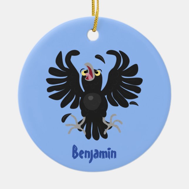 Funny crazy crow raven cartoon illustration ceramic tree decoration (Front)
