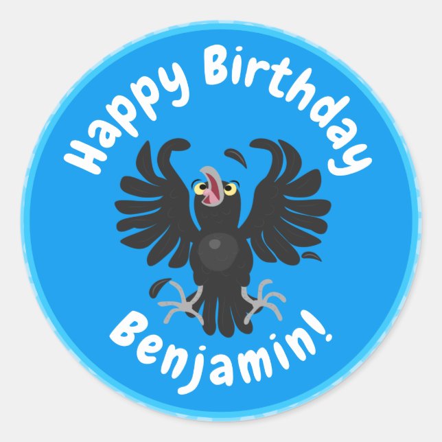 Funny crazy crow raven cartoon illustration classic round sticker (Front)