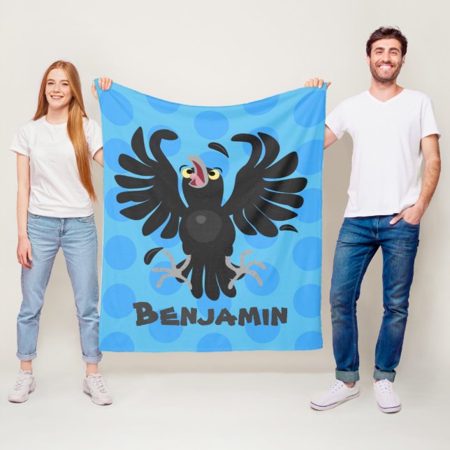 Funny crazy crow raven cartoon illustration fleece blanket (In Situ)