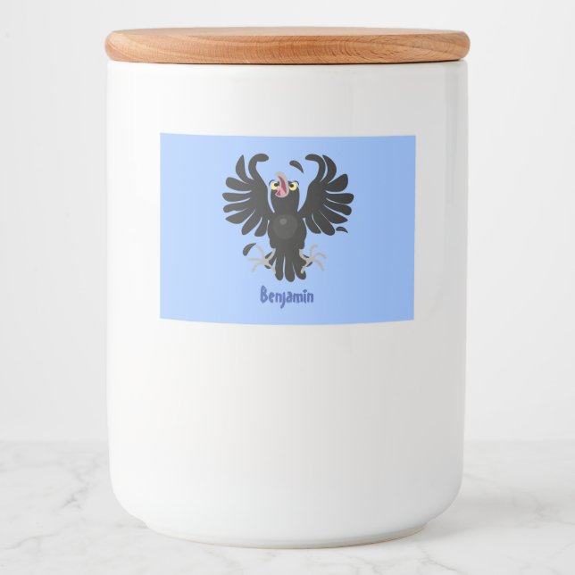 Funny crazy crow raven cartoon illustration food label (Front)