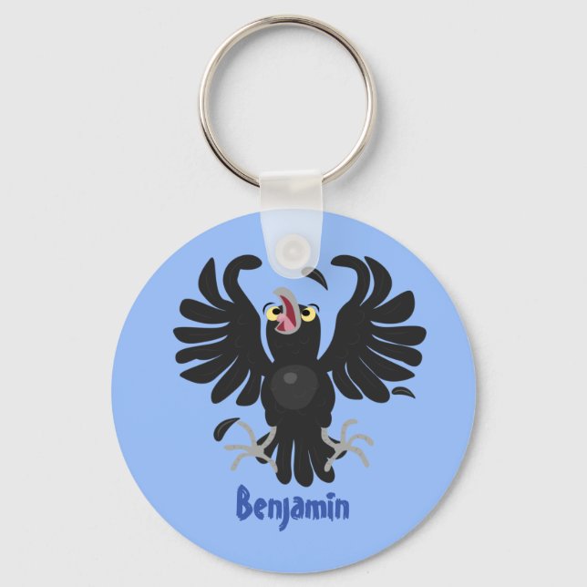 Funny crazy crow raven cartoon illustration key ring (Front)