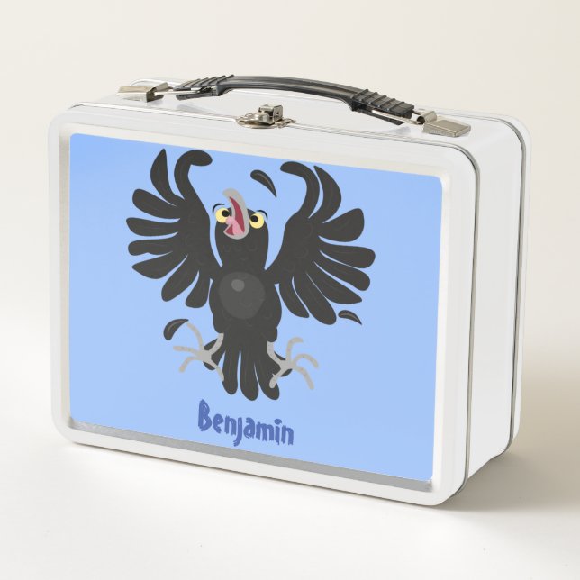 Funny crazy crow raven cartoon illustration metal lunch box (Front)