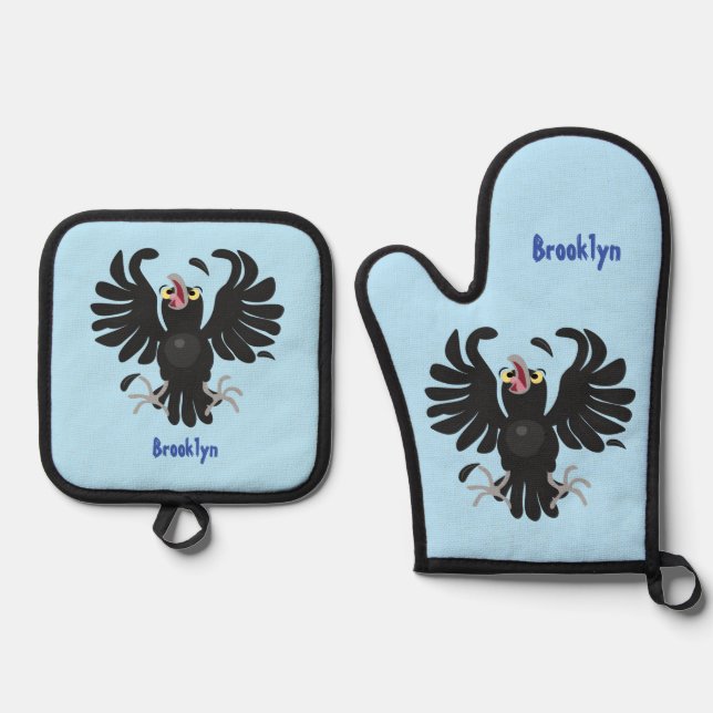 Funny crazy crow raven cartoon illustration oven mitt & pot holder set (Front)