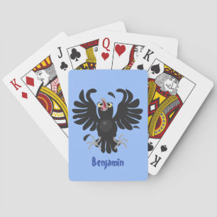 Funny crazy crow raven cartoon illustration playing cards