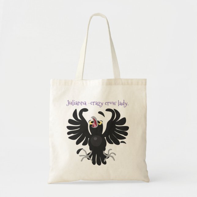Funny crazy crow raven cartoon illustration tote bag (Front)