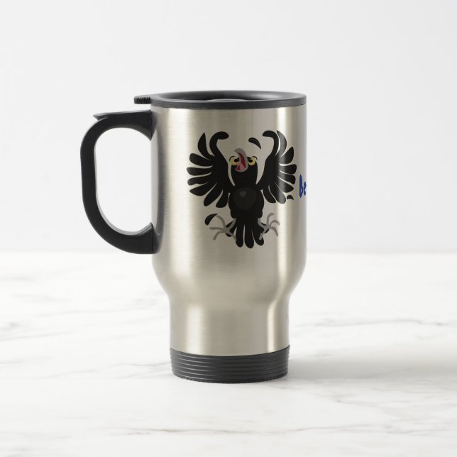 Funny crazy crow raven cartoon illustration travel mug (Left)